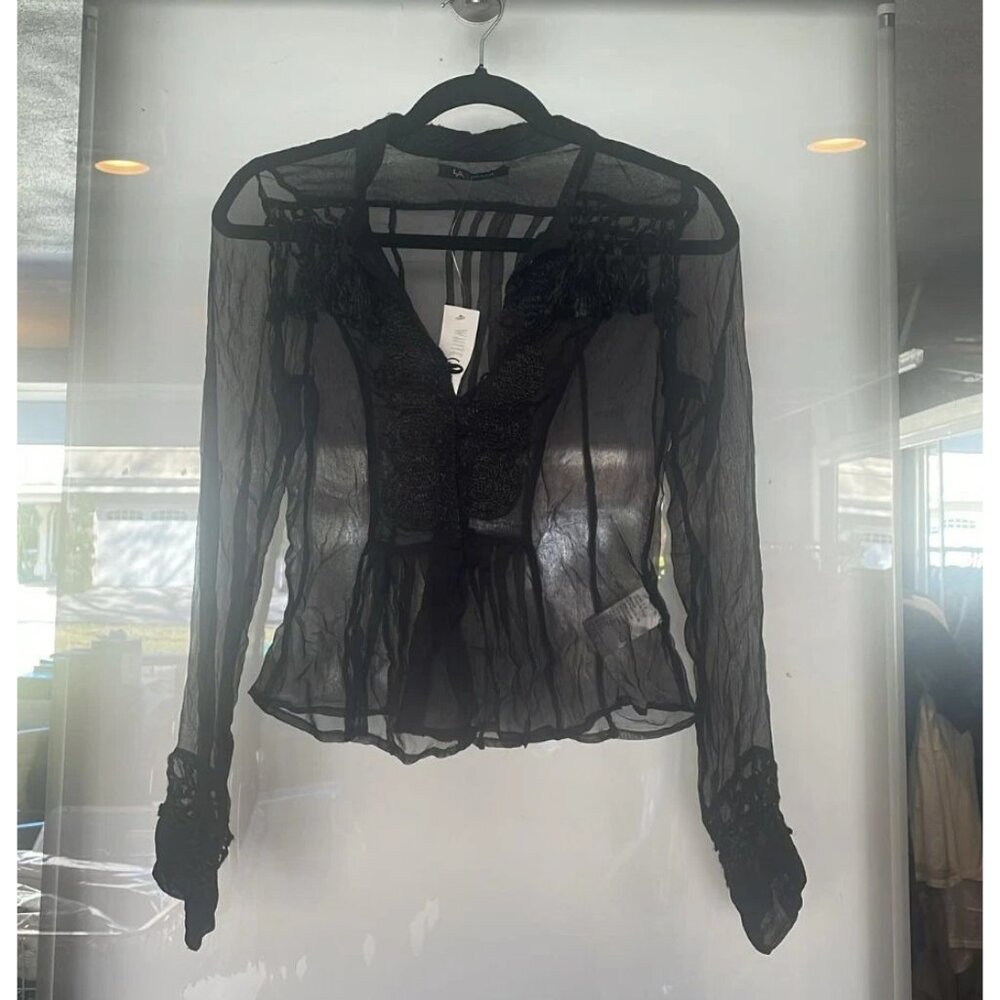 LA Black Sheer Blouse Top Long Sleeve Pintucked Shirt XS